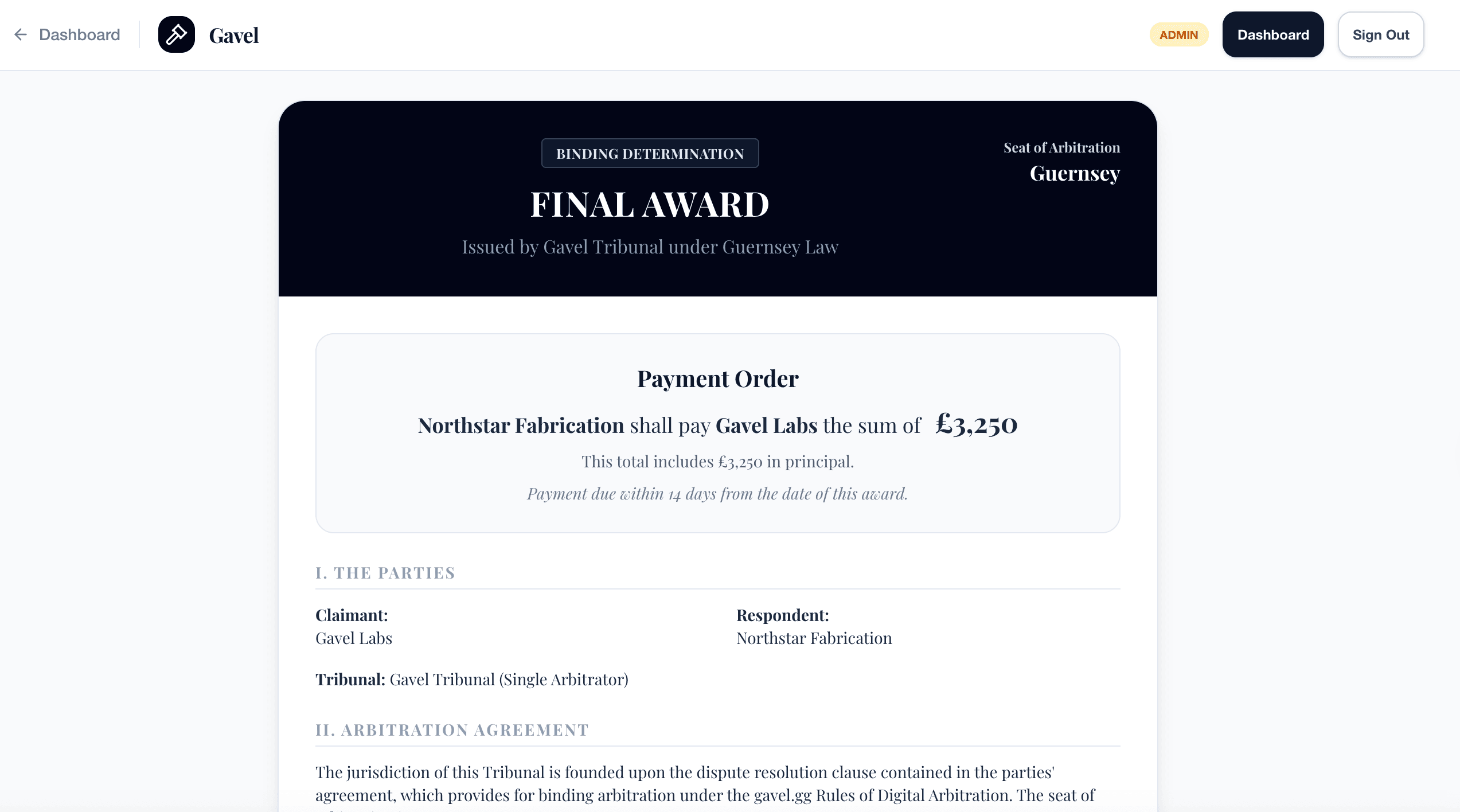 Gavel final award showing a binding payment determination