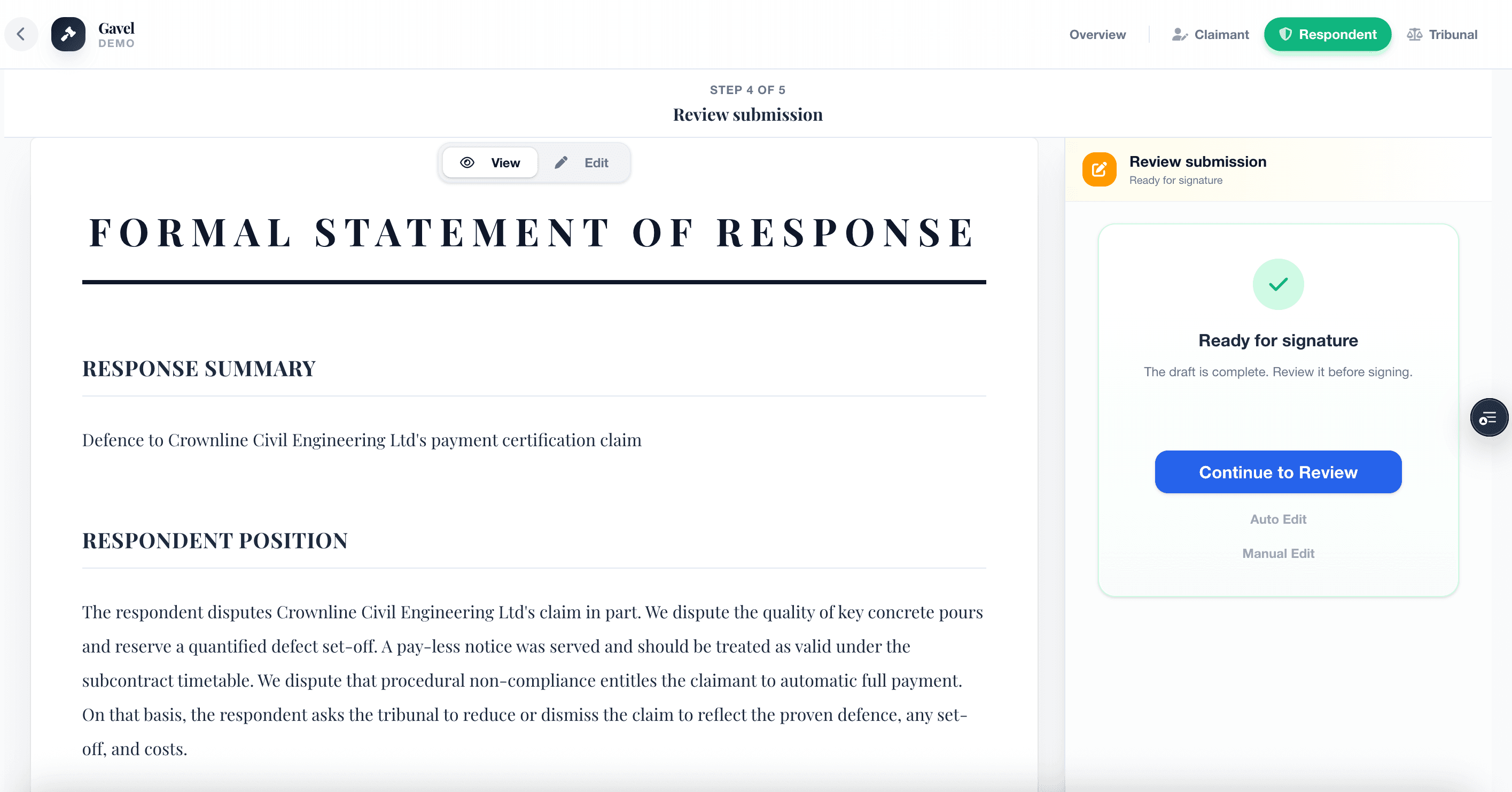 Gavel respondent workflow reviewing a formal statement before signature