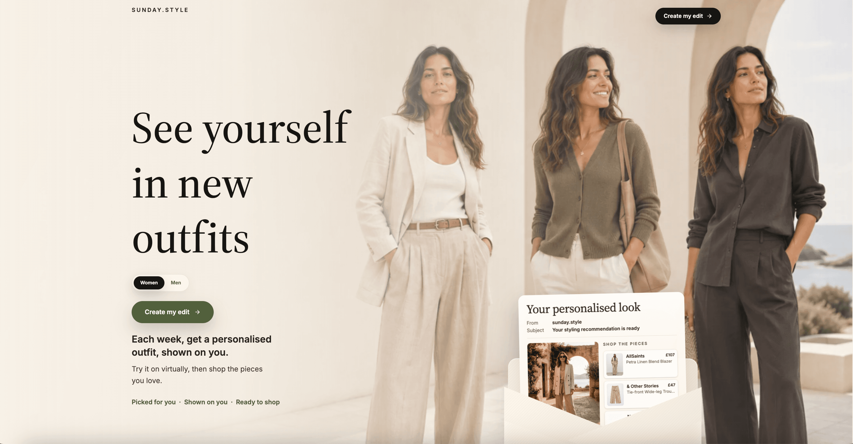 sunday.style showing personalised outfits and a shoppable virtual try-on