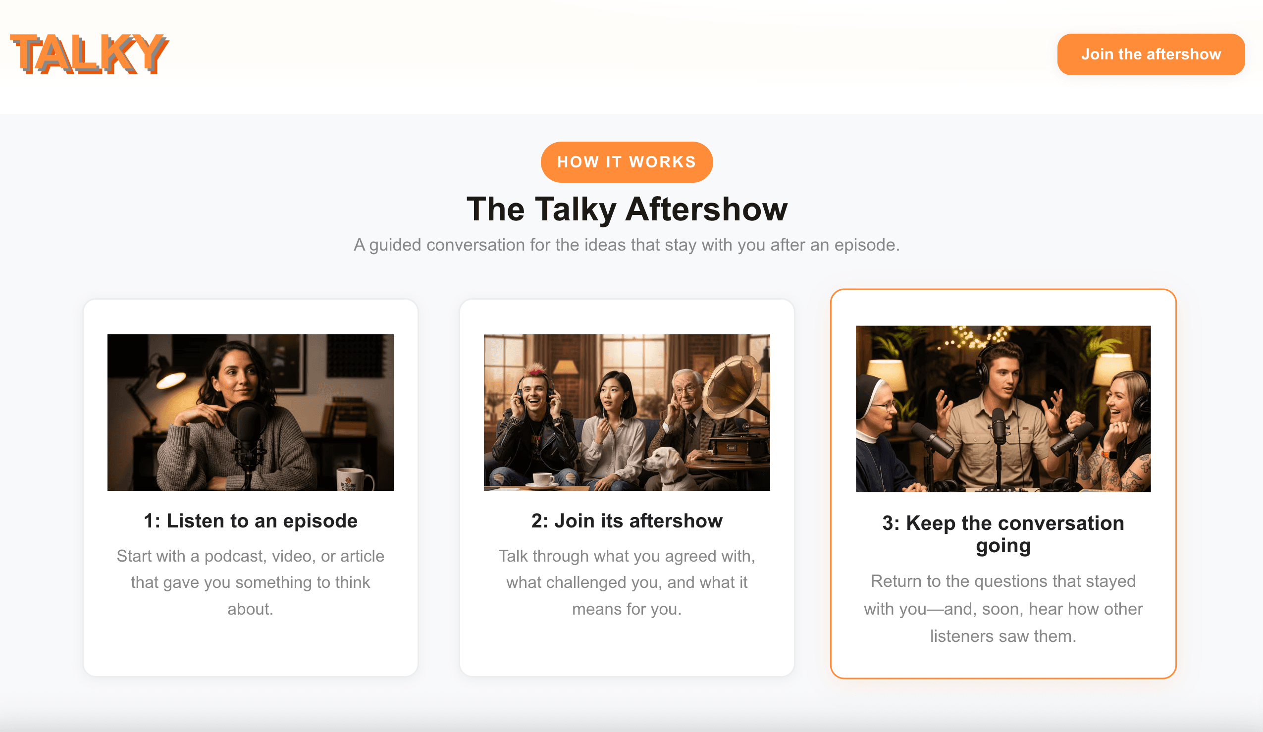 Talky Aftershow product page explaining its three-stage guided conversation experience